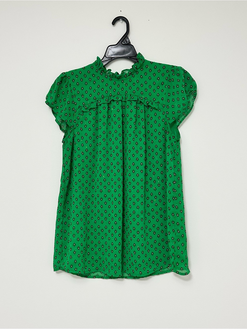 Carolina Belle Montreal Bright Green and Gold Floral Print Blouse Ruffle Neck SM